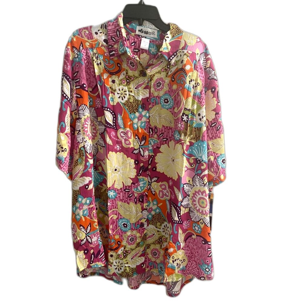 NEW We Be Bop Sz Floral Button Short Sleeve Blouse Shirt Top Pink Floral Print